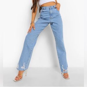 PETITE DISTRESS SPLIT HEM STRAIGHT LEG JEANS